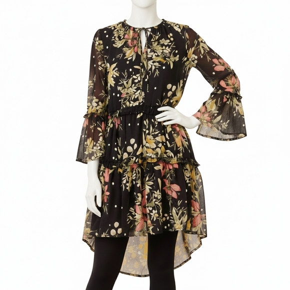 Rachel Zoe Tops - Rachel Zoe Size L Tunic Black Chiffon Floral Swing Cover-up Long Sleeve Spring